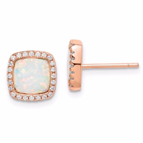 Rose-Tone Square Opal CZ Halo Post Earrings